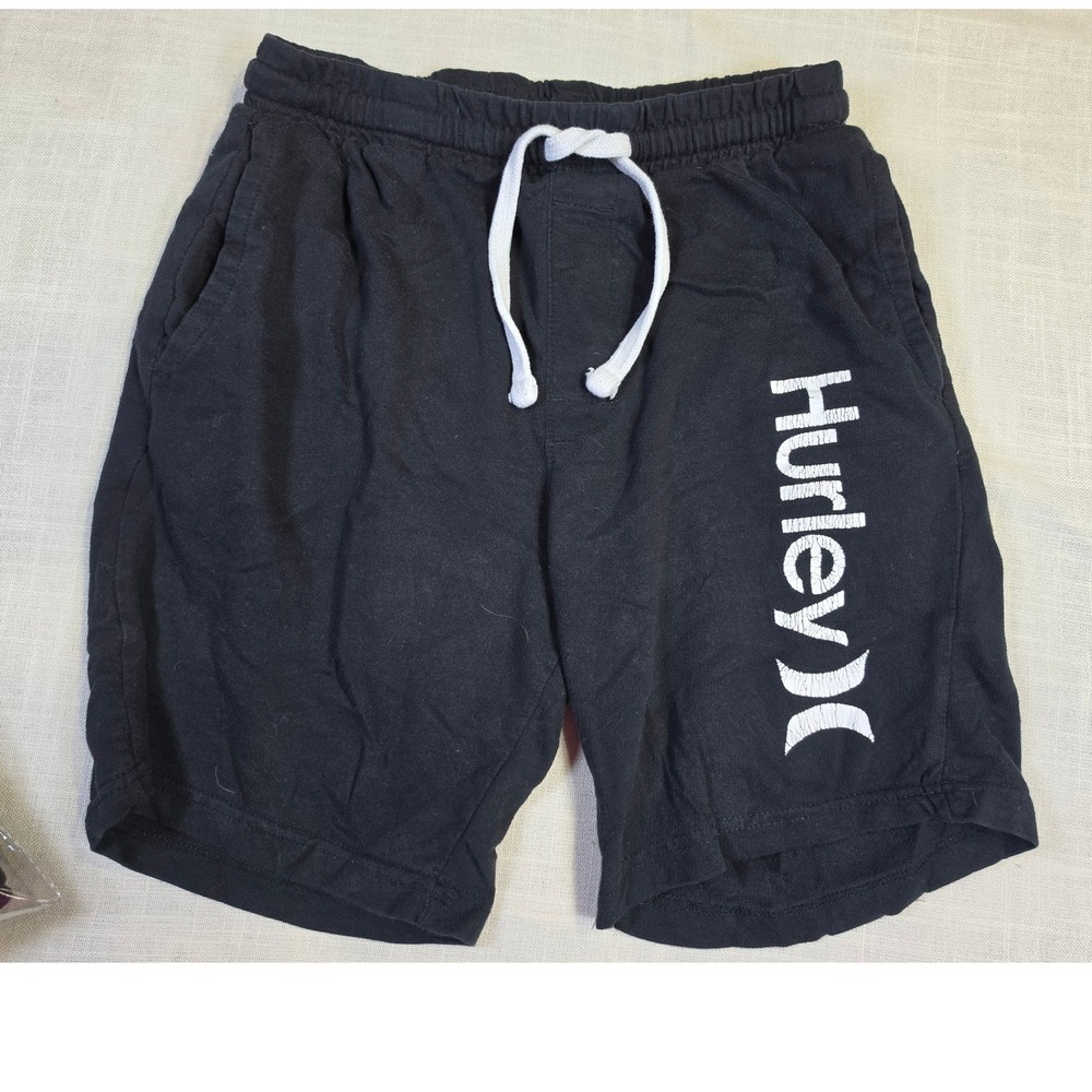 Hurley Boys Black Graphic Logo Sweat Shorts Elastic Waist Size M 10-12
